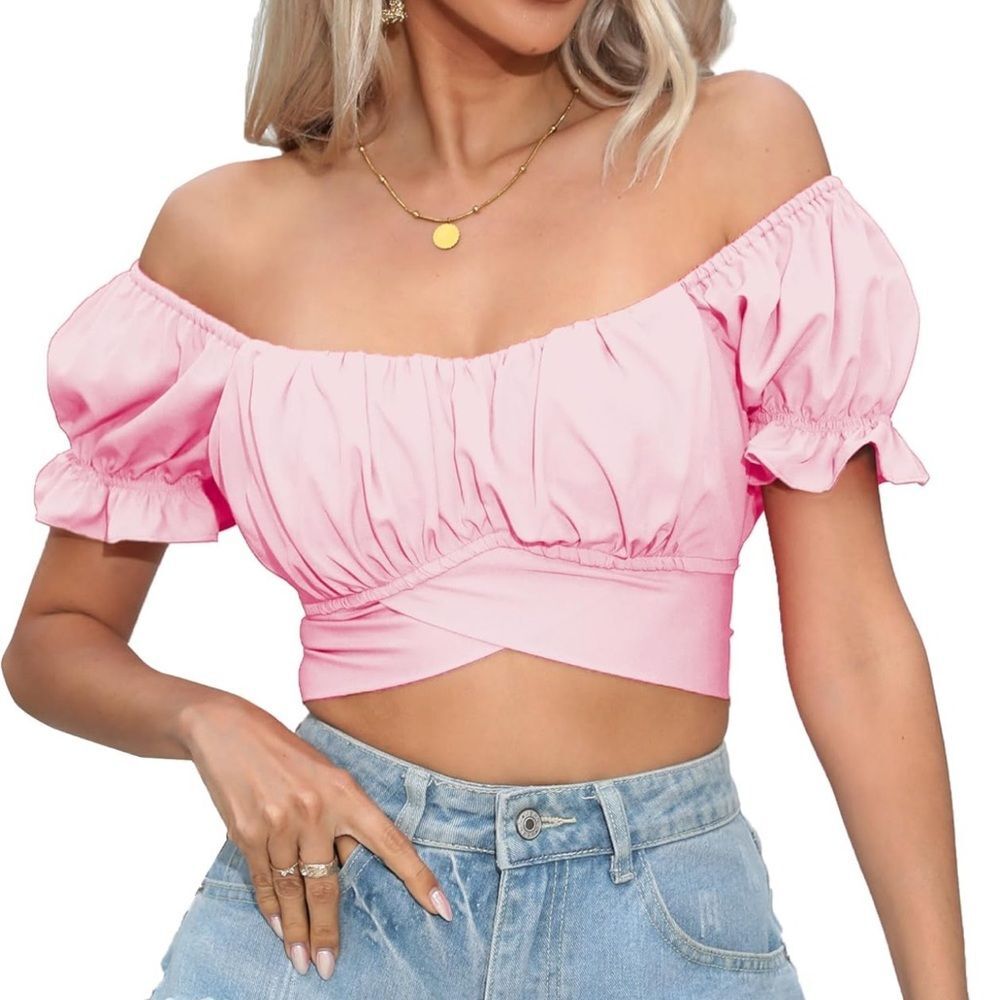 Women’s size medium Crop Ruffle Short Sleeve Tie Back Off Shoulder Top Blouse